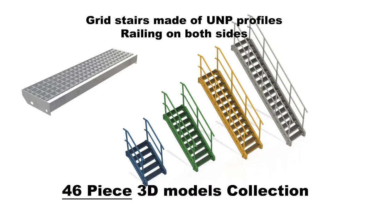 Grid stairs collection - handrail on both sides - 46 versions 3D model
