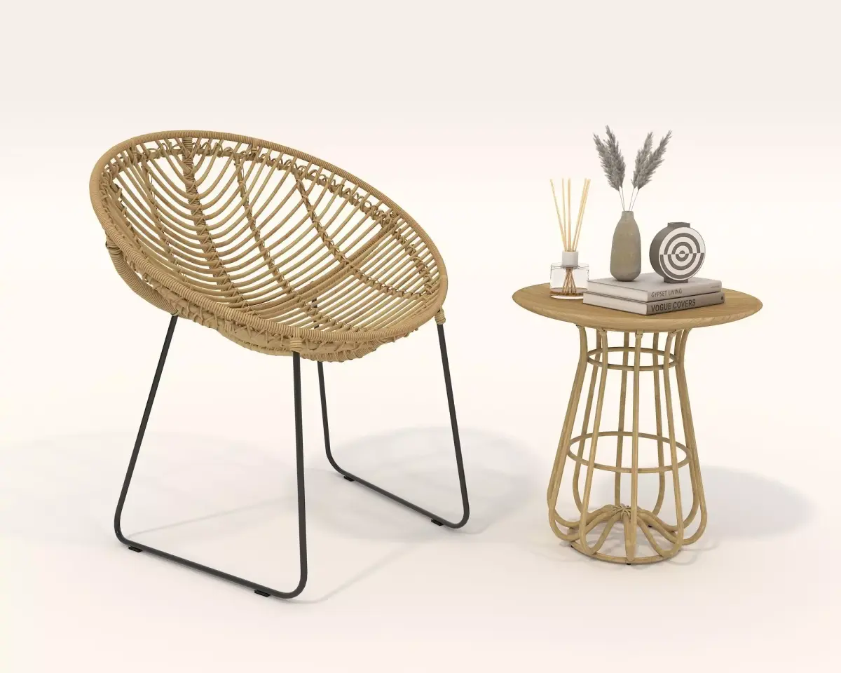 Rattan Coffee Table and Chair Set 3D model