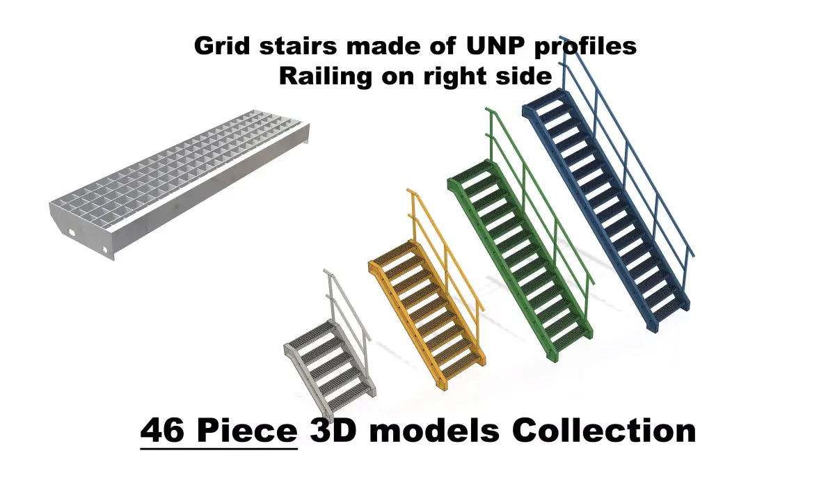 Grid stairs collection - handrail on right side - 46 versions 3D model