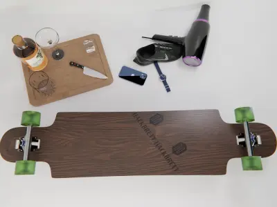 Longboard skateboard with wheels and bottle Free 3D model