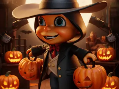 Cute Halloween Witch 3D Cartoon Character Pumpkin Buckets Hat Low-poly 3D model