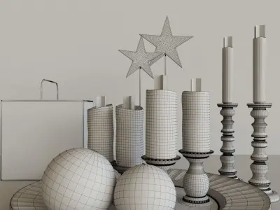 Set-145 candles and silver ornaments on tray 3D model