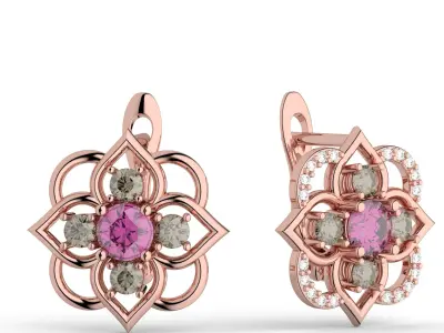 Flower shaped jewelry set of earrings and pendant with stones 3D print model