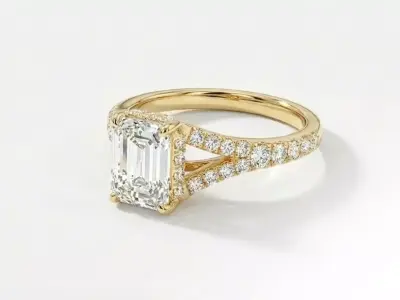 Emerald Cut Cathedral Ring Split Shank Hidden Halo CAD 3D print model