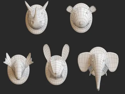cartoon animals head decoration low poly 3d models for game Low-poly 3D model