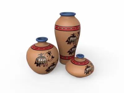Madhubani Coral Terracotta Pots  Low-poly 3D model