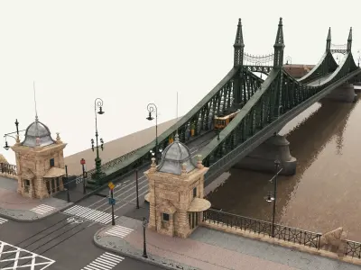 Vintage Steel Arch Bridge with Tram Tracks Low-poly 3D model