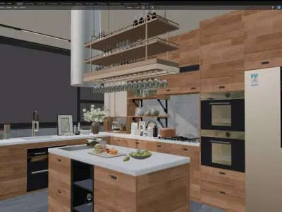 Modern Wooden Kitchen with Island and Built-in Appliances 3D model