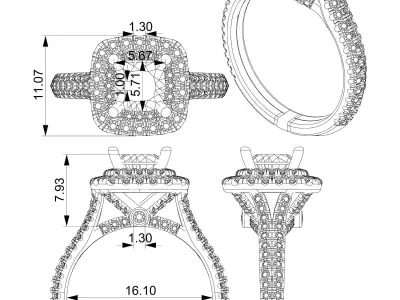 Double cushion halo engagement ring with knife edge shank 3D print model