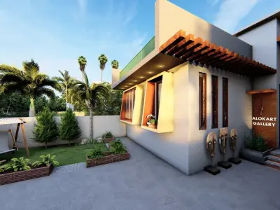 Exterior Render - 3D Model modern house with car Low-poly 3D model
