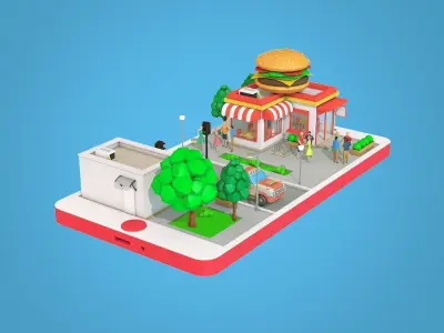 Cartoon Burger Cafe on Phone screen Low-poly 3D model