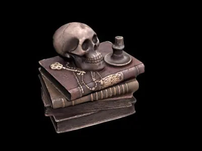 Skull with books Low-poly 3D model