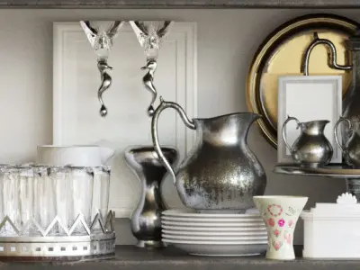 Set-189 bookcase filled with china and silverware 3D model