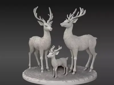 Winter Deer Family 3D Model Christmas Print-Ready Low-poly 3D model