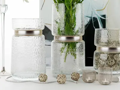 flower set 5 lilies in glass vase 3D model