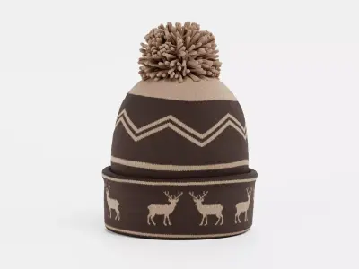 Winter Hat V6 - Brown Knit Beanie with Pom-Pom and Deer Pattern 3D model