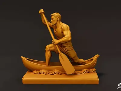 Golden Canoeing Statue Low-poly 3D model