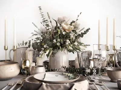 Tableware Set 2 table with silverware and flowers 3D model