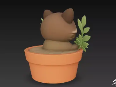 Raccoon in Flower Pot Low-poly 3D model
