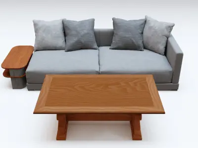Gray Fabric Couch and Wooden Coffee Table 3D model