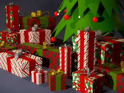 Pack of Christmas Presents with 15 Variations and A FREE Tree Low-poly 3D model