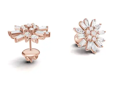 Floral Sapphire And Diamond Stud Earrings With Baguette 3D print model