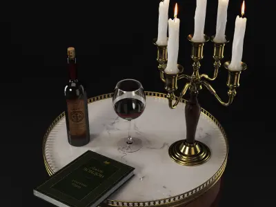 CHAIR MARBLE TABLE TABLE CANDLAND WINE BOTTLE STEPS BOOK Low-poly 3D model