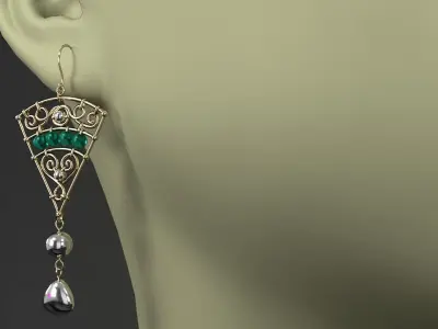 earrings with emeralds and pearls 3D model