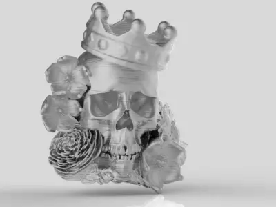 Detailed Realistic Jewelery element Man Skull Flowers and Crown 3D print model