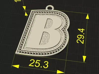 B Pendant Gems Outline and Textured Low Relief 3D print model 3D print model