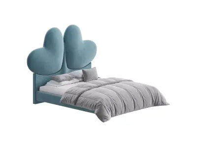 Elegant Blue Pine Wood Upholstered Panel Bed 3D model