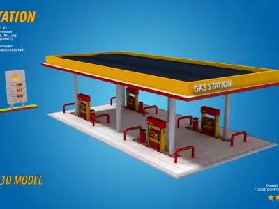 Low Poly Gas Station Market and Car Wash Low-poly 3D model