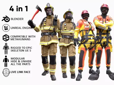 Mens ans Womens Firefighers and Rescuers 3D Model Collection
