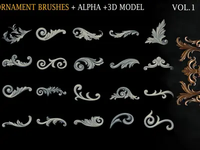 60 Ornament brushes and 3dmodel Low-poly 3D model