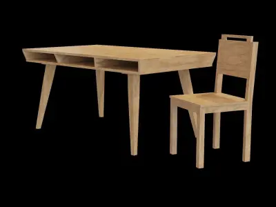 Dining Set 1 wooden desk and chair Low-poly 3D model
