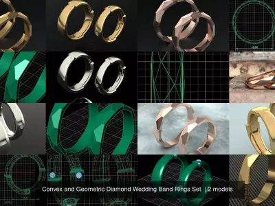 Convex and Geometric Diamond Wedding Band Rings Set  3D Model Pack