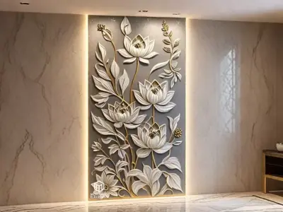 Lotus flowers wall art set relief STL panel carving CNC 271 3D model