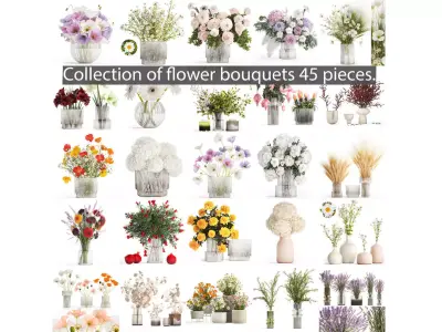 Collection of flower bouquets and vase set of 45 pieces 3D model