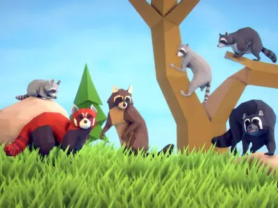 Poly Art Raccoons and Red Panda Low-poly 3D model
