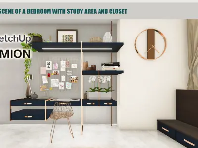 Interior scene of a Bedroom with study area and closet 3D model