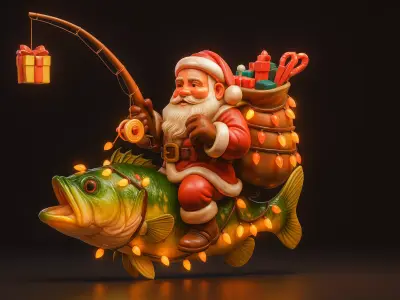 Santa Riding a Giant Bass Fish Whimsical Christmas Santa   3D print model