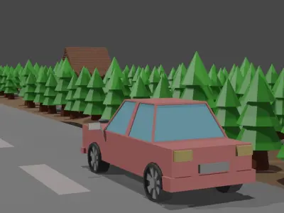 low poly jungle and road and car Low-poly 3D model