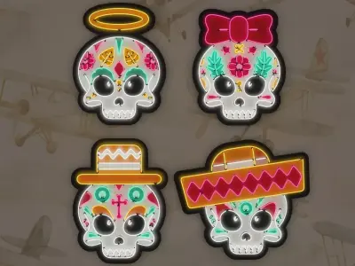 4 Cute Neon Wall Decoration with Skull Patterns Low-poly 3D model