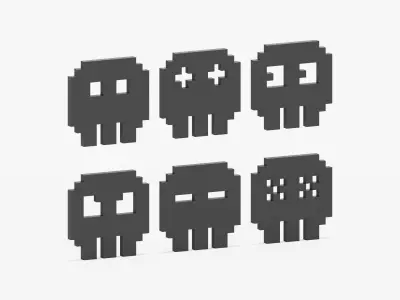 Pixelated 8 Bit Skull Icons Set Low-poly 3D model