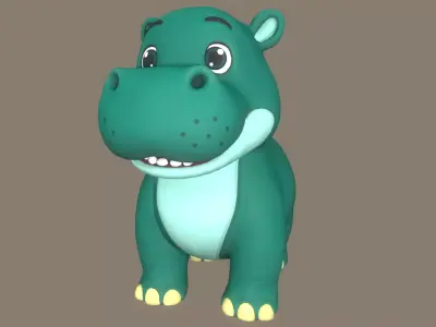 Rigged Cute Playful Green Hippo Low-poly 3D model