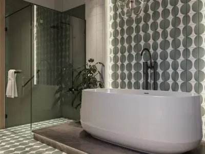 Bathroom modern with wooden floors and tiled walls 3D model