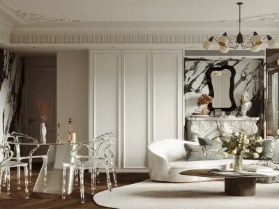 Luxurious living and dining room interior 3D model