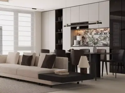 modern light luxury integrated living and dining room spaces 3D model