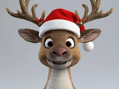 Cheerful Cartoon Reindeer with Santa Hat 3D Model Low-poly 3D model