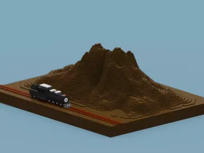 Voxel Train and Mountain Low-poly 3D model